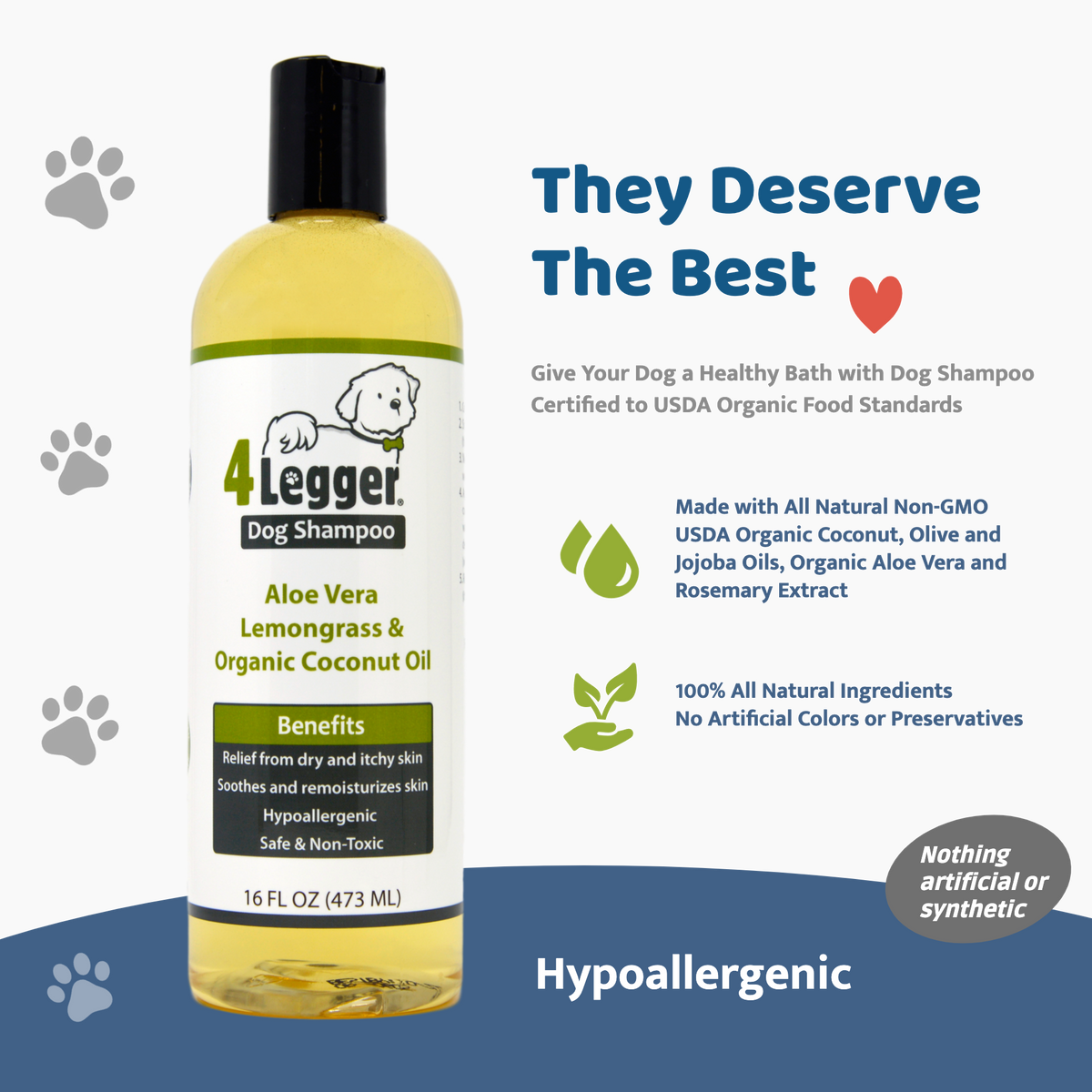 Organic to Food Standards Lemongrass and Aloe Dog Shampoo for Pets by 4-Legger