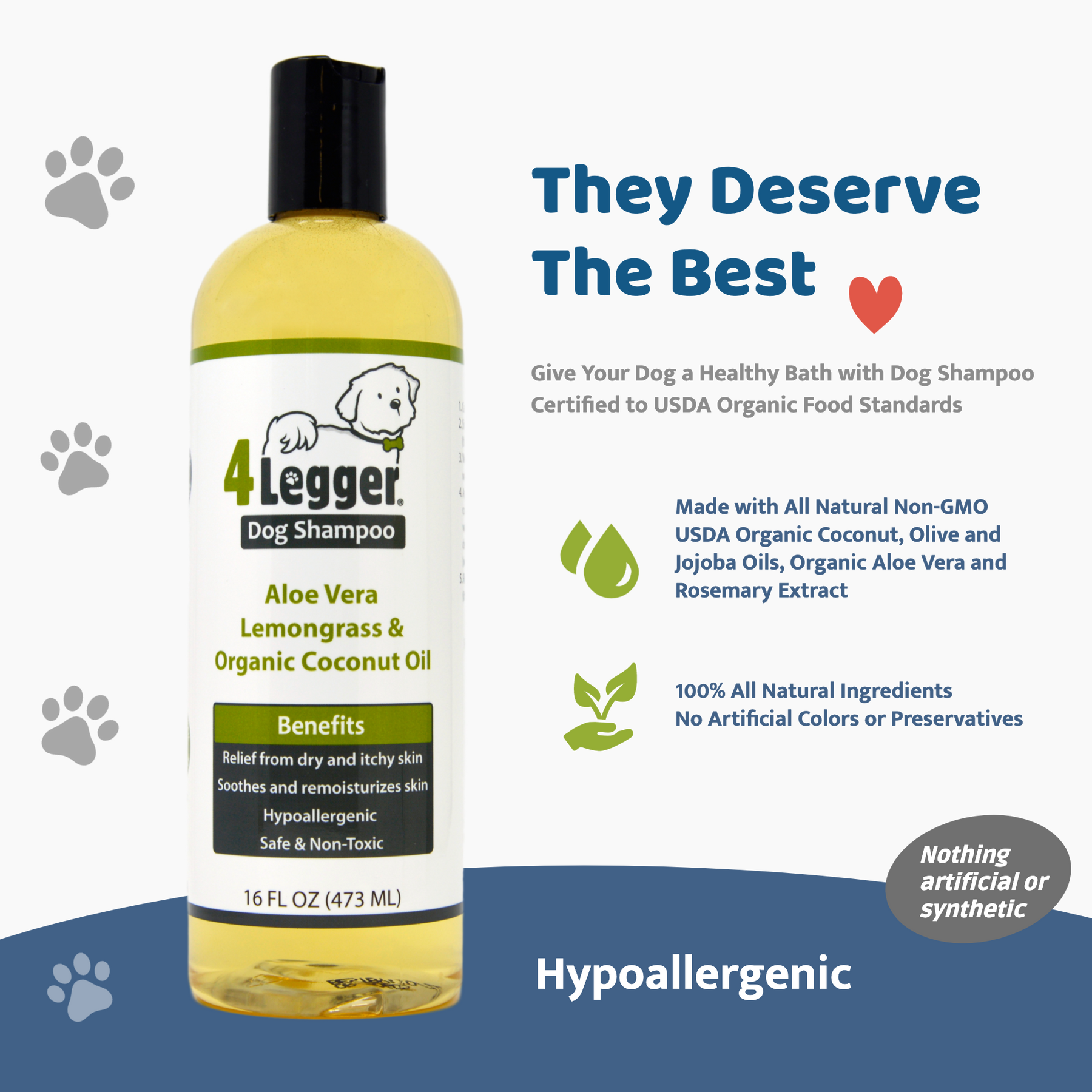 Organic to Food Standards Lemongrass and Aloe Dog Shampoo for Pets by 4-Legger