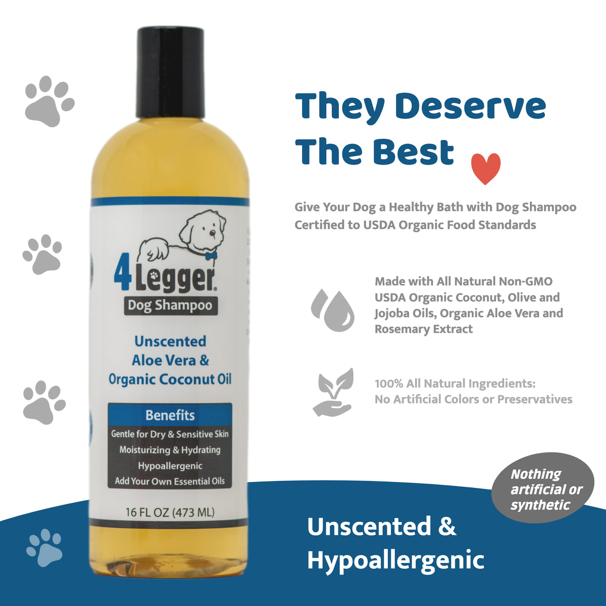 Organic to Food Standards Unscented Hypoallergenic Pet Shampoo with Coconut Oil